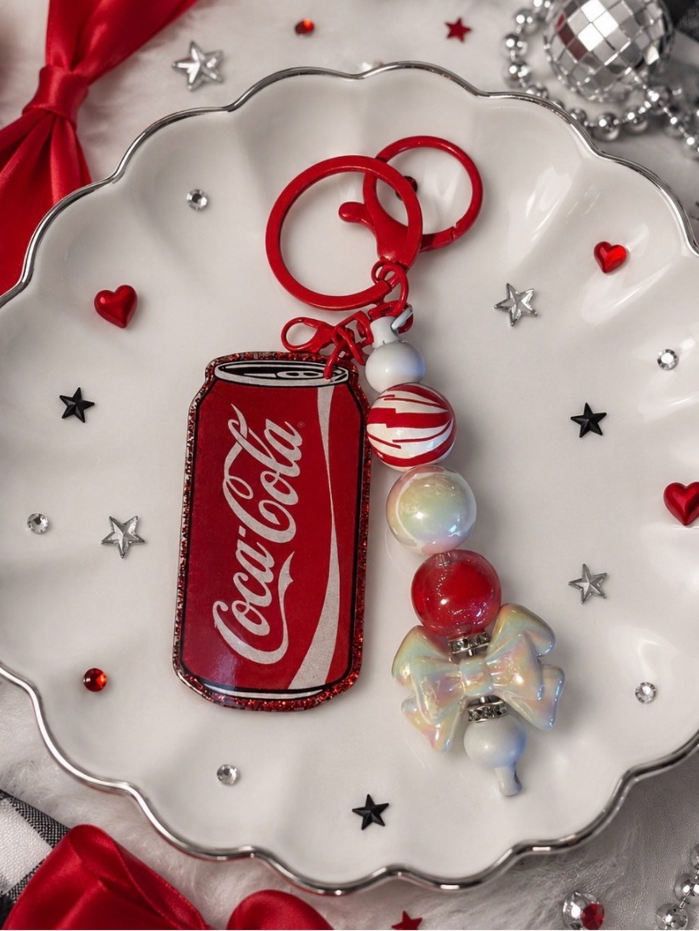 Handmade Cola Red Can Keychain with Bead Charm